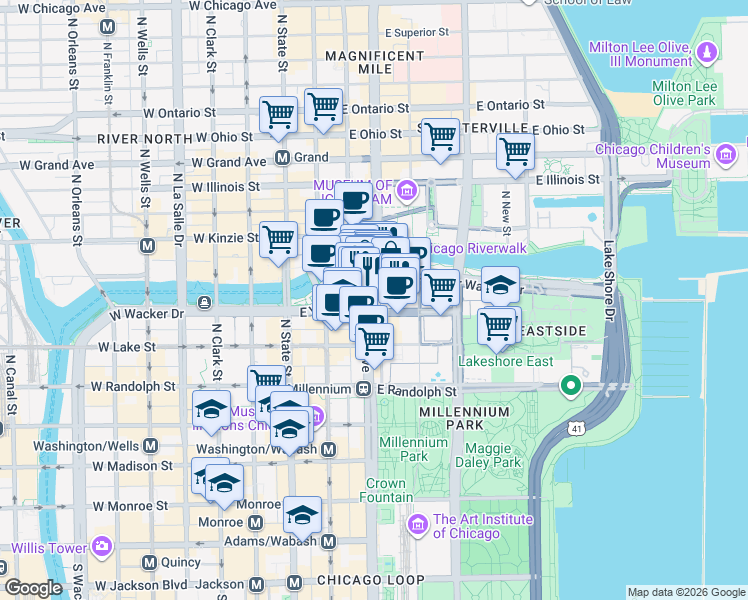 map of restaurants, bars, coffee shops, grocery stores, and more near 311 North Michigan Avenue in Chicago