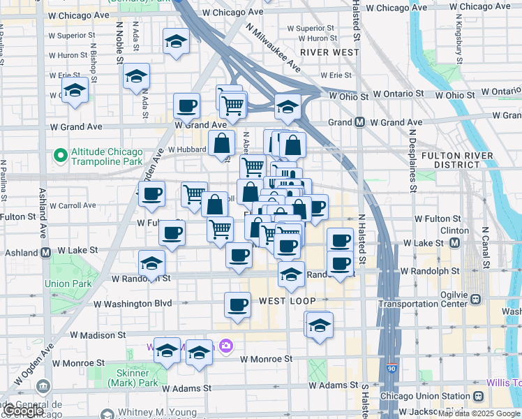 map of restaurants, bars, coffee shops, grocery stores, and more near 312 North Carpenter Street in Chicago