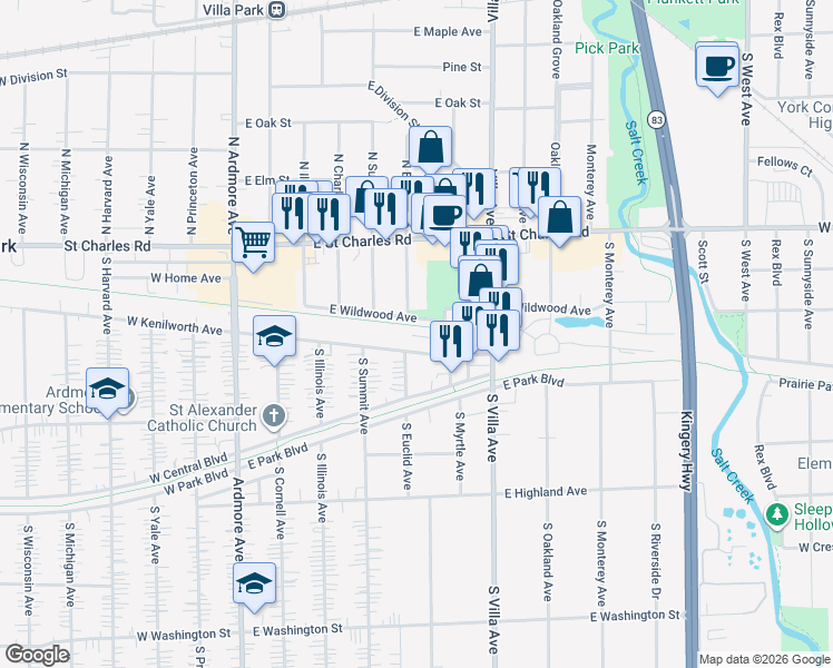map of restaurants, bars, coffee shops, grocery stores, and more near 110 South Myrtle Avenue in Villa Park