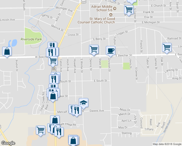 map of restaurants, bars, coffee shops, grocery stores, and more near 820 Dennis Street in Adrian