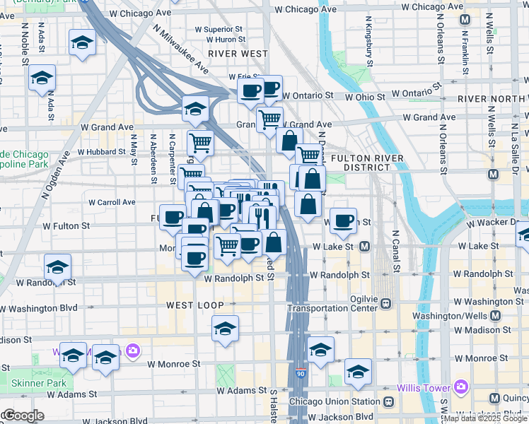 map of restaurants, bars, coffee shops, grocery stores, and more near 314 South Halsted Street in Chicago