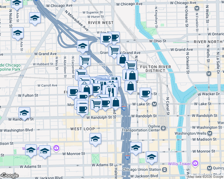 map of restaurants, bars, coffee shops, grocery stores, and more near 333 North Green Street in Chicago