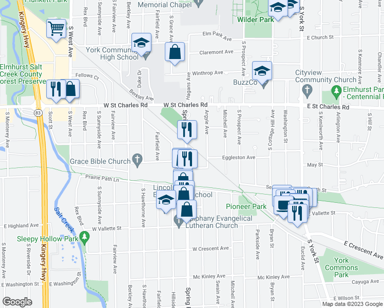 map of restaurants, bars, coffee shops, grocery stores, and more near 447 Spring Road in Elmhurst