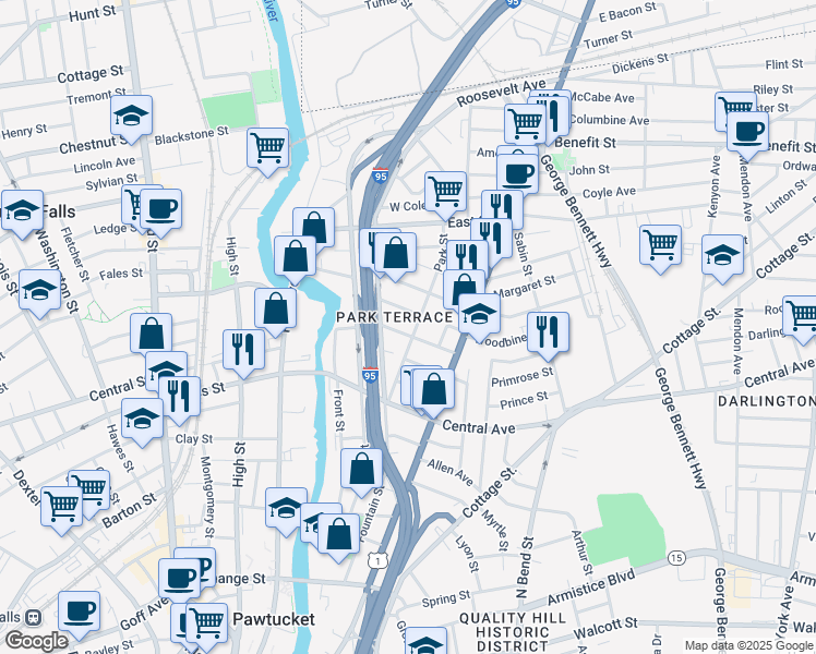 map of restaurants, bars, coffee shops, grocery stores, and more near 76 Park Street in Pawtucket