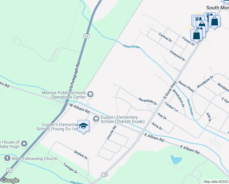 map of restaurants, bars, coffee shops, grocery stores, and more near 14967 Wildwood Drive in Monroe