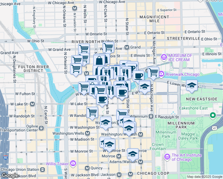map of restaurants, bars, coffee shops, grocery stores, and more near 55 Chicago Riverwalk in Chicago