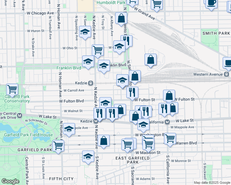map of restaurants, bars, coffee shops, grocery stores, and more near 319 North Albany Avenue in Chicago