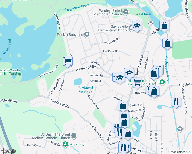 map of restaurants, bars, coffee shops, grocery stores, and more near 7 Birch Road in Lincoln