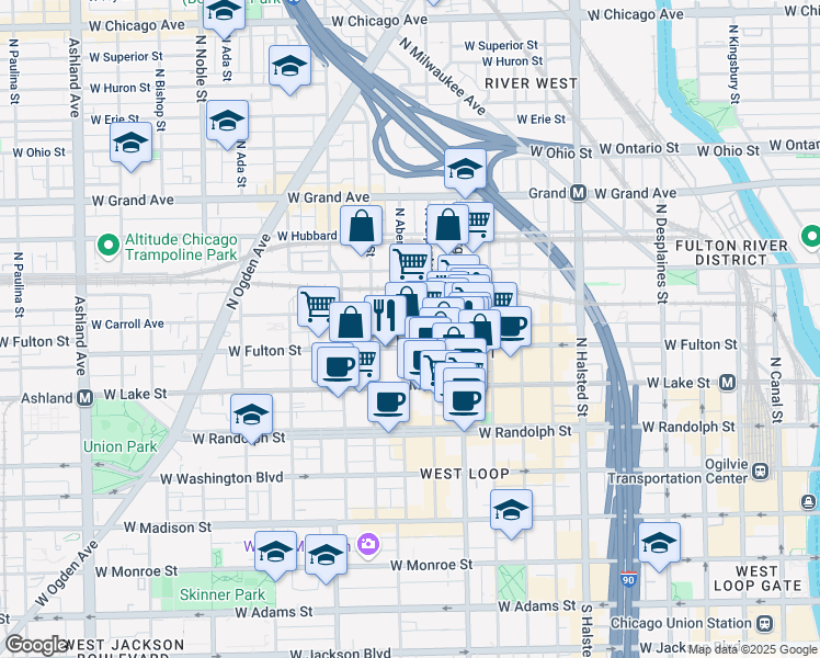 map of restaurants, bars, coffee shops, grocery stores, and more near 321 North Aberdeen Street in Chicago