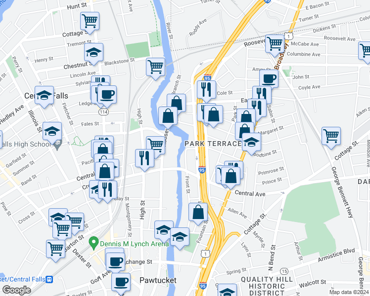 map of restaurants, bars, coffee shops, grocery stores, and more near 300 Front St in Pawtucket