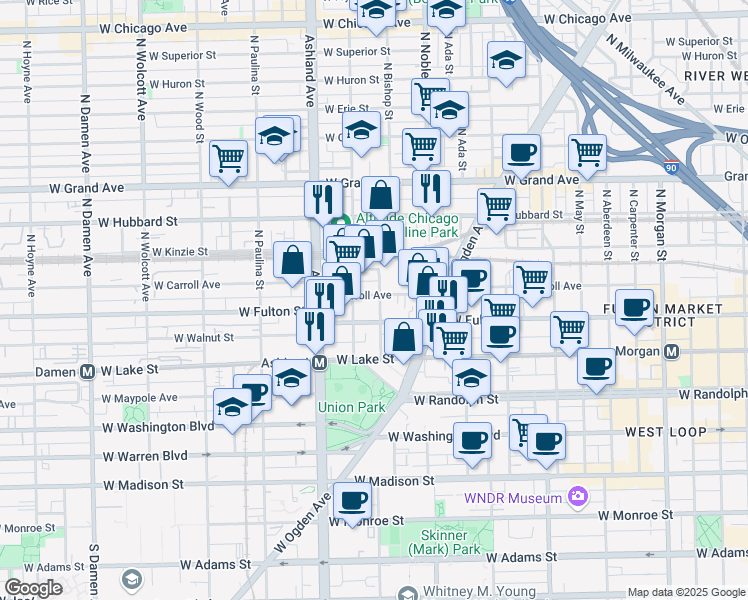 map of restaurants, bars, coffee shops, grocery stores, and more near 1502 West Carroll Avenue in Chicago