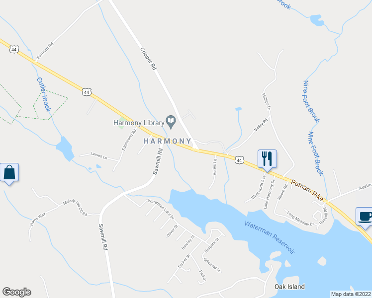 map of restaurants, bars, coffee shops, grocery stores, and more near 190 Putnam Pike in Glocester