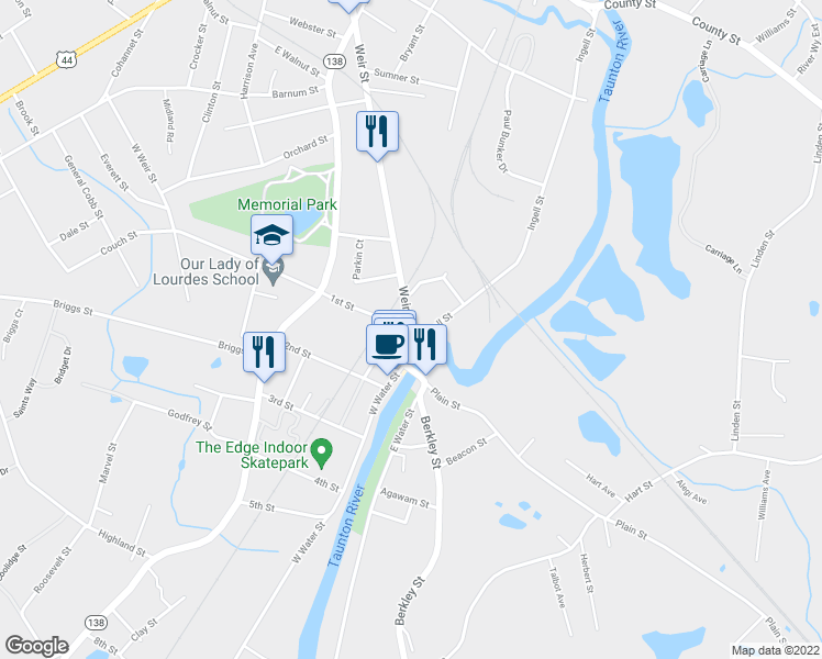 map of restaurants, bars, coffee shops, grocery stores, and more near 530 Weir St in Taunton