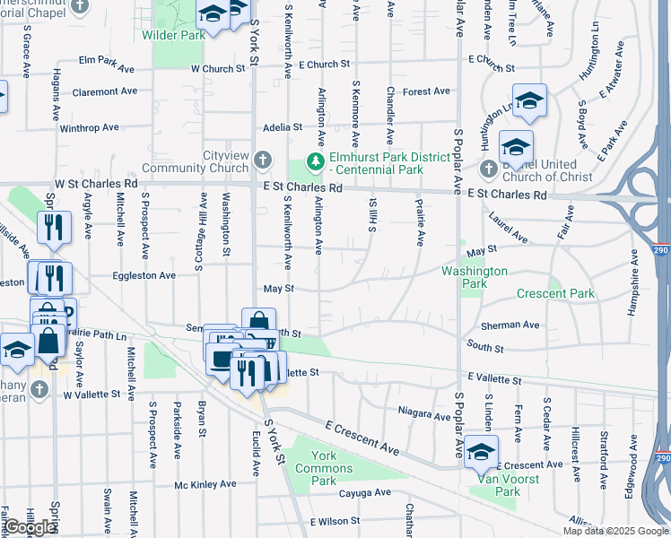 map of restaurants, bars, coffee shops, grocery stores, and more near 181 May Street in Elmhurst