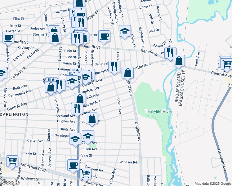 map of restaurants, bars, coffee shops, grocery stores, and more near 237 Suffolk Avenue in Pawtucket