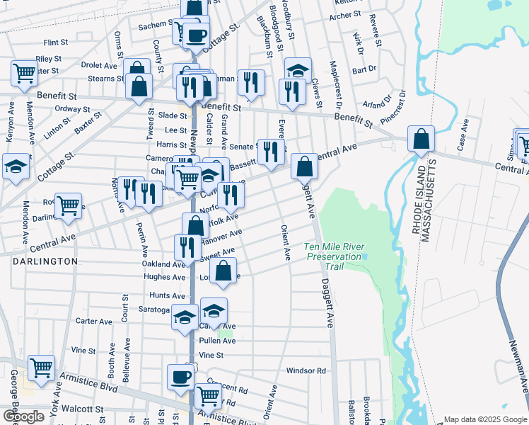 map of restaurants, bars, coffee shops, grocery stores, and more near 194 Suffolk Avenue in Pawtucket