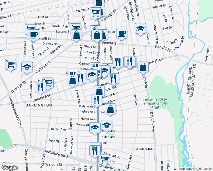 map of restaurants, bars, coffee shops, grocery stores, and more near 745 Central Avenue in Pawtucket