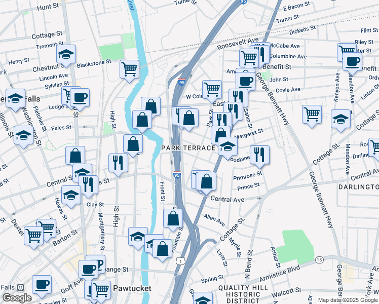map of restaurants, bars, coffee shops, grocery stores, and more near 29 Woodbine Street in Pawtucket
