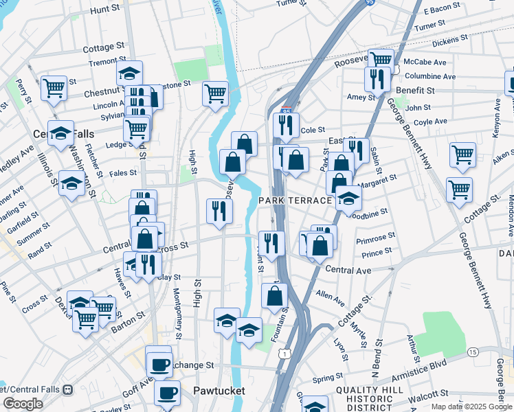 map of restaurants, bars, coffee shops, grocery stores, and more near 300 Front St in Pawtucket