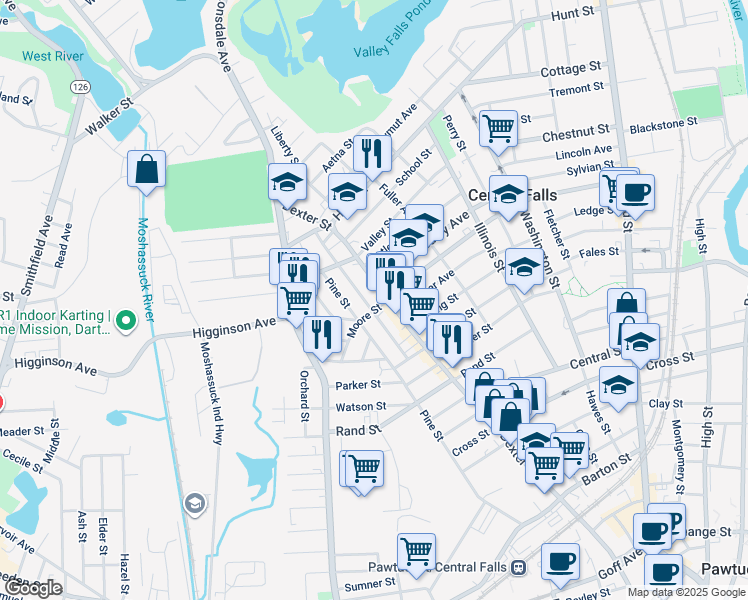 map of restaurants, bars, coffee shops, grocery stores, and more near 109 Earle Street in Central Falls
