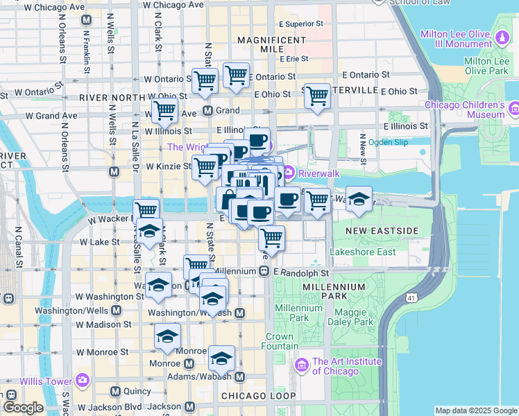 map of restaurants, bars, coffee shops, grocery stores, and more near 75 East Wacker Drive in Chicago