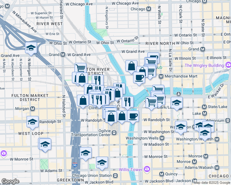 map of restaurants, bars, coffee shops, grocery stores, and more near 300 North Canal Street in Chicago