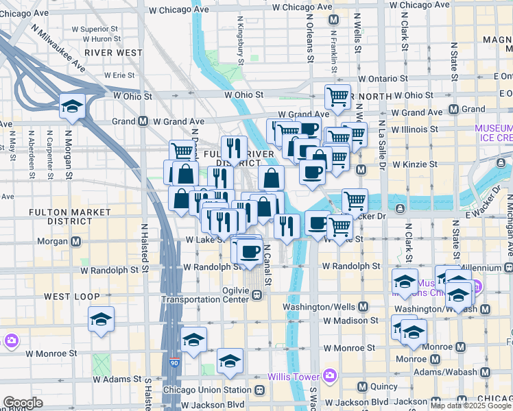 map of restaurants, bars, coffee shops, grocery stores, and more near 300 North Canal Street in Chicago