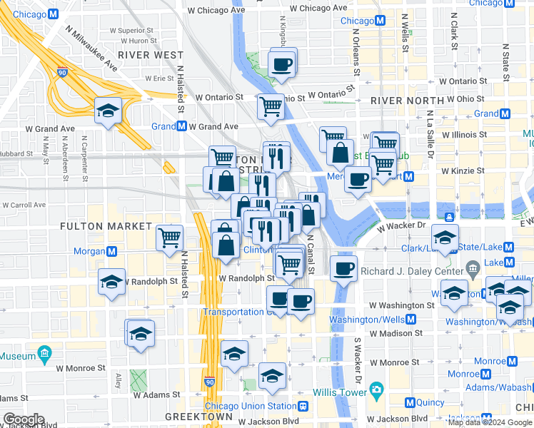 map of restaurants, bars, coffee shops, grocery stores, and more near 320 North Clinton Street in Chicago