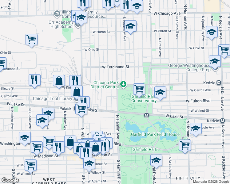 map of restaurants, bars, coffee shops, grocery stores, and more near 378 North Hamlin Avenue in Chicago