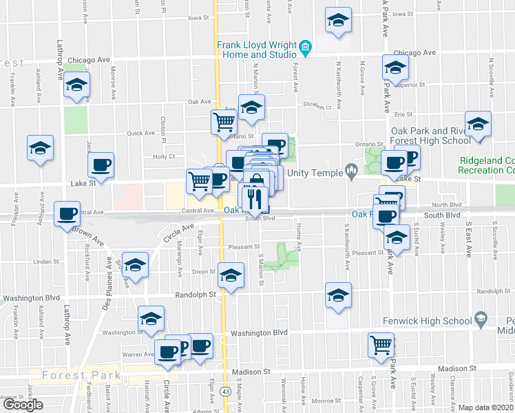 map of restaurants, bars, coffee shops, grocery stores, and more near 107b North Marion Street in Oak Park
