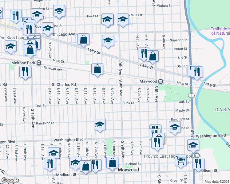 map of restaurants, bars, coffee shops, grocery stores, and more near 116 South 9th Avenue in Maywood