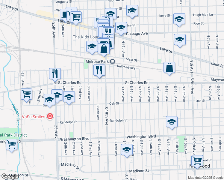 map of restaurants, bars, coffee shops, grocery stores, and more near 115 South 18th Avenue in Maywood