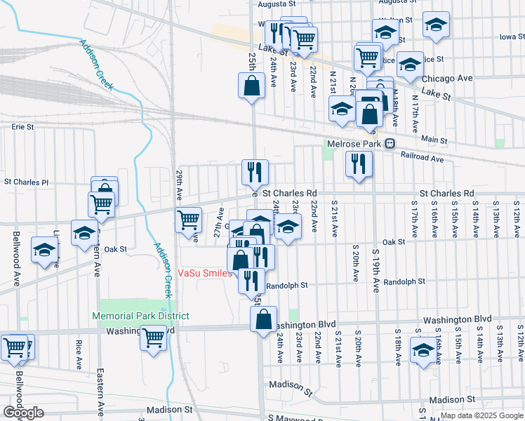 map of restaurants, bars, coffee shops, grocery stores, and more near 302 25th Avenue in Bellwood
