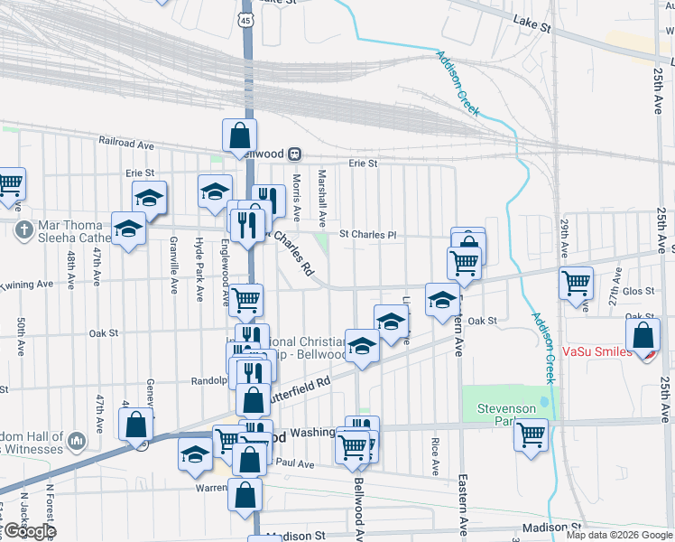 map of restaurants, bars, coffee shops, grocery stores, and more near 240 Bellwood Avenue in Bellwood