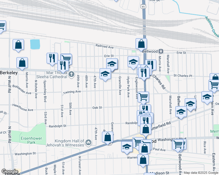 map of restaurants, bars, coffee shops, grocery stores, and more near 239 Geneva Avenue in Bellwood
