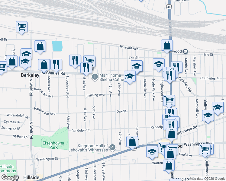 map of restaurants, bars, coffee shops, grocery stores, and more near 236 47th Avenue in Bellwood