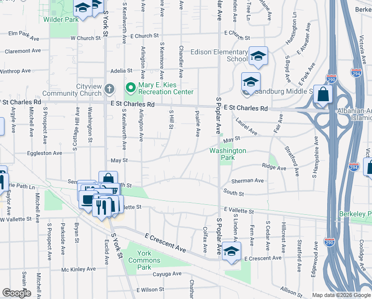 map of restaurants, bars, coffee shops, grocery stores, and more near 231 May Street in Elmhurst