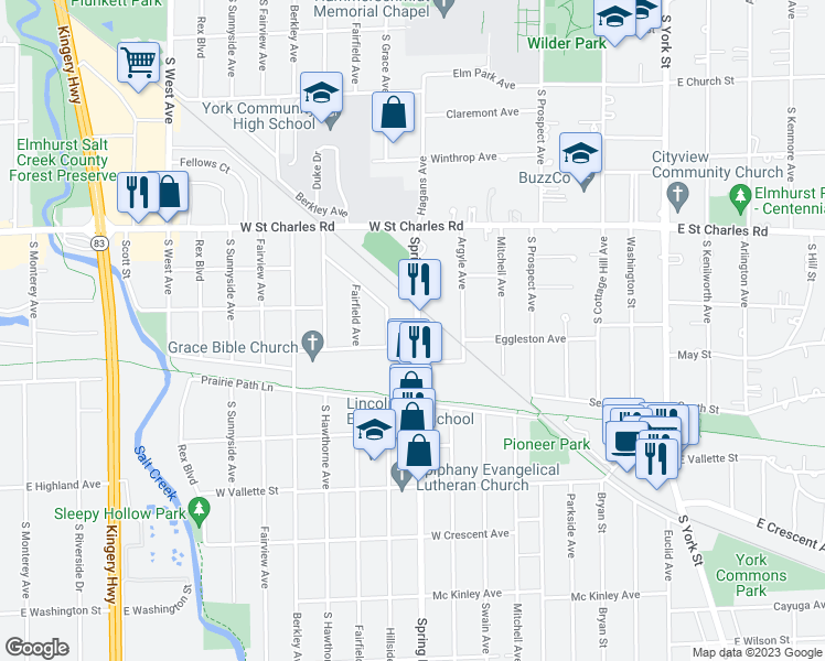 map of restaurants, bars, coffee shops, grocery stores, and more near 447 Spring Road in Elmhurst