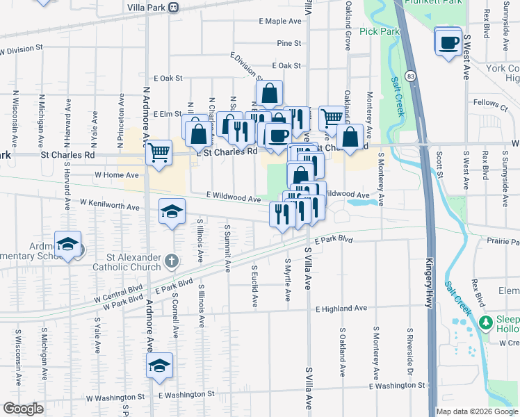 map of restaurants, bars, coffee shops, grocery stores, and more near 110 South Myrtle Avenue in Villa Park