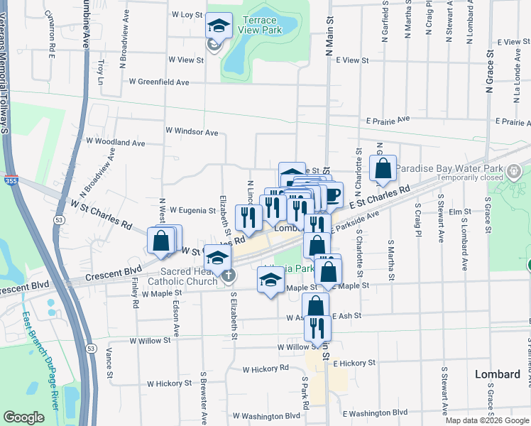 map of restaurants, bars, coffee shops, grocery stores, and more near 150 West Saint Charles Road in Lombard
