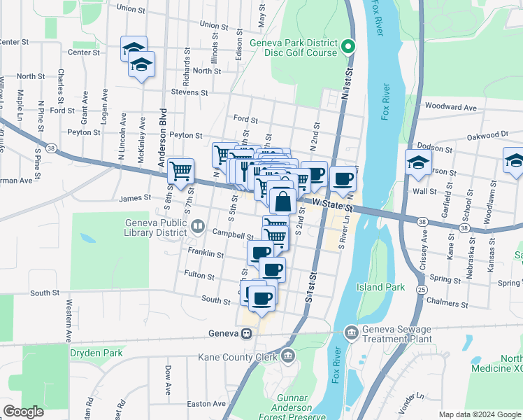 map of restaurants, bars, coffee shops, grocery stores, and more near 12 South 4th Street in Geneva