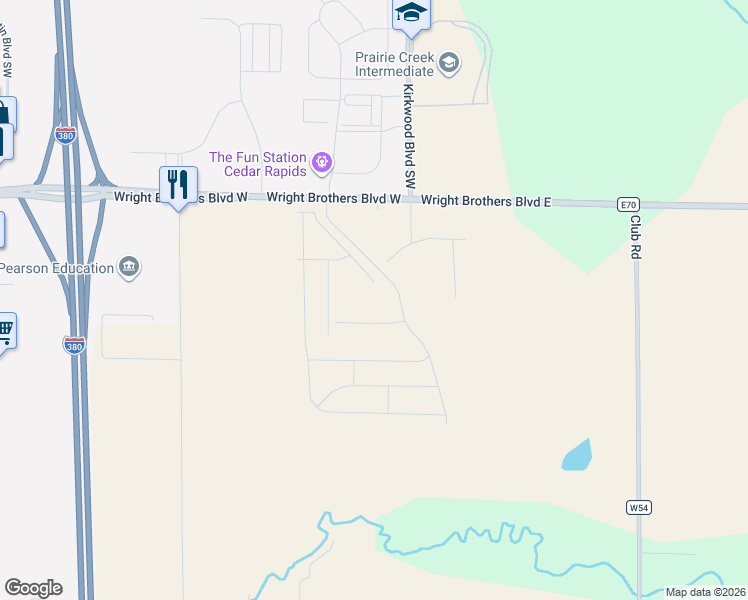 map of restaurants, bars, coffee shops, grocery stores, and more near 115 Wright Brothers Boulevard East in Cedar Rapids