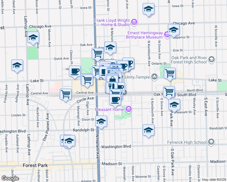 map of restaurants, bars, coffee shops, grocery stores, and more near in Oak Park