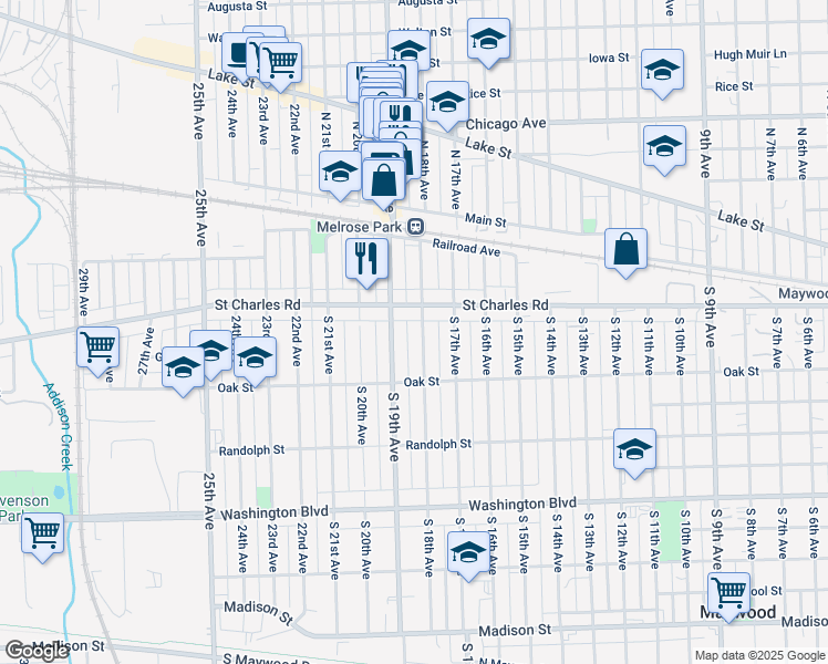 map of restaurants, bars, coffee shops, grocery stores, and more near 115 South 18th Avenue in Maywood
