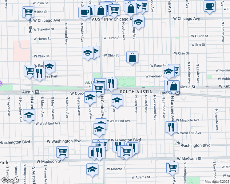 map of restaurants, bars, coffee shops, grocery stores, and more near 5500 West Corcoran Place in Chicago