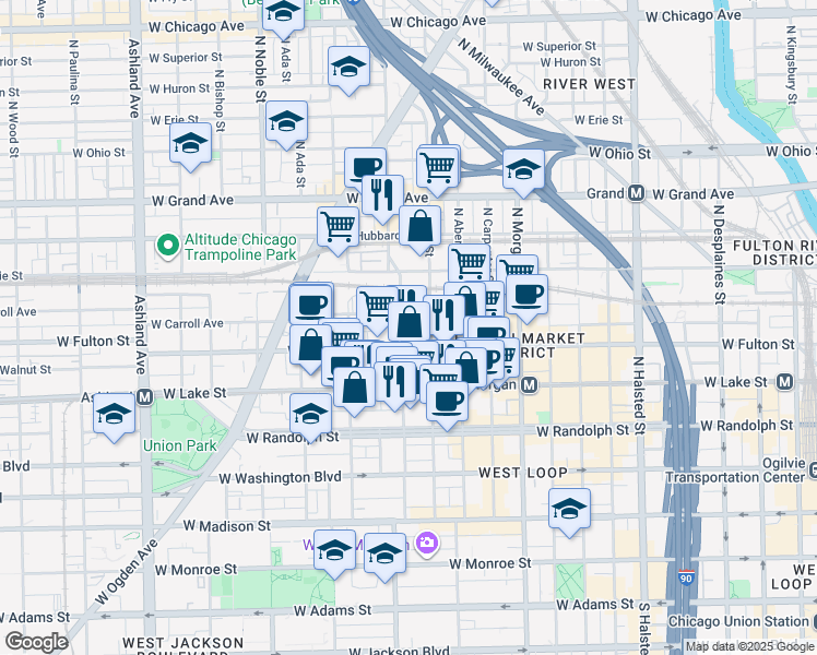 map of restaurants, bars, coffee shops, grocery stores, and more near 326 North Racine Avenue in Chicago