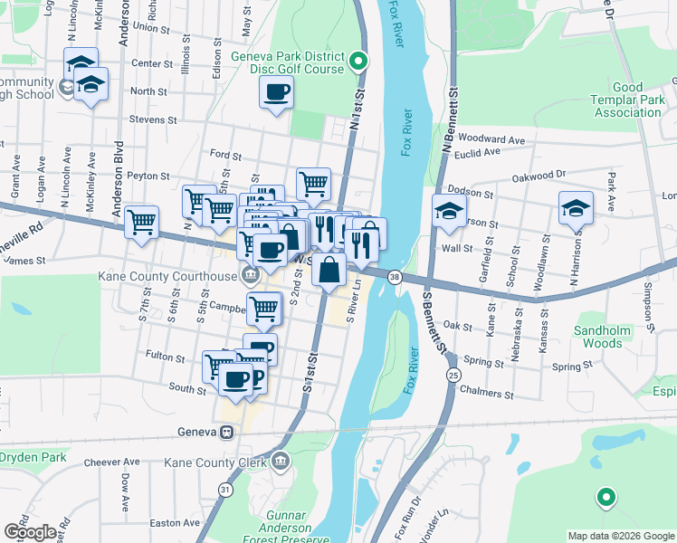 map of restaurants, bars, coffee shops, grocery stores, and more near 28 West State Street in Geneva