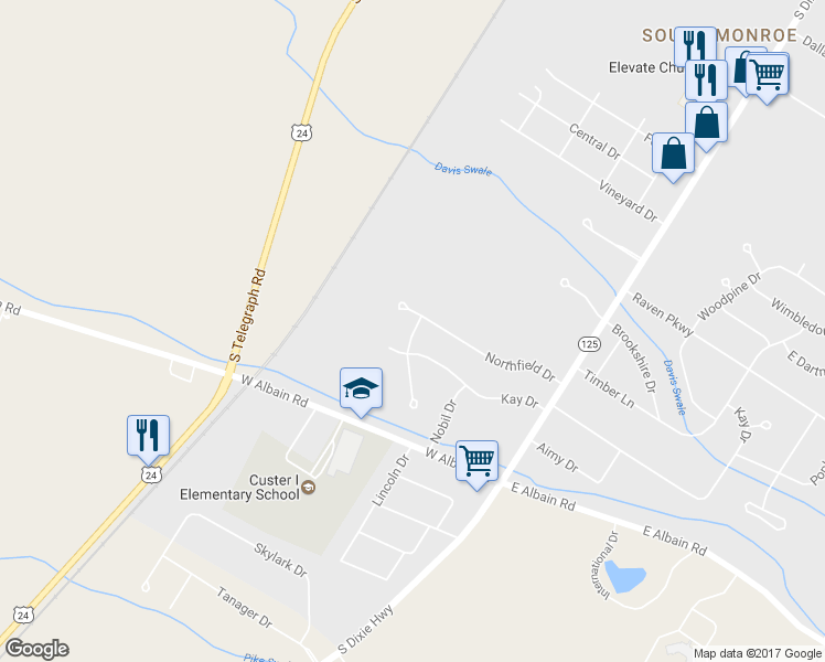 map of restaurants, bars, coffee shops, grocery stores, and more near 14967 Wildwood Drive in Monroe