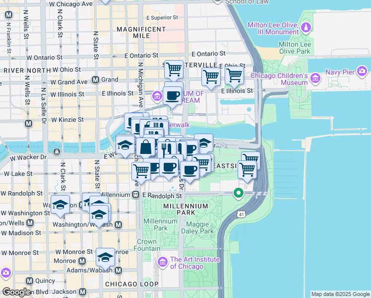 map of restaurants, bars, coffee shops, grocery stores, and more near 303 East Wacker Drive in Chicago