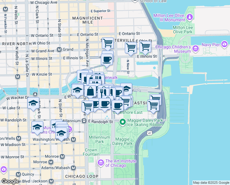 map of restaurants, bars, coffee shops, grocery stores, and more near 303 East Wacker Drive in Chicago